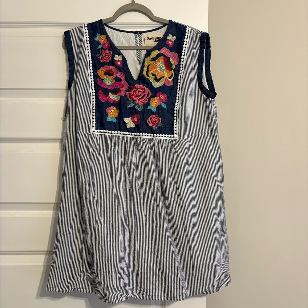 Savanna Jane Gray and Blue Sleeveless V-Neck Sundress